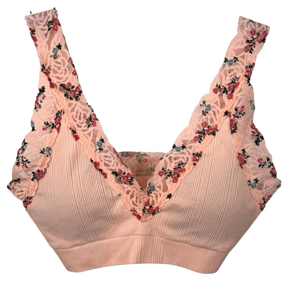 PINK Victoria's Secret Blush Pink Ribbed Lace-Trim Bralette with Floral Accents